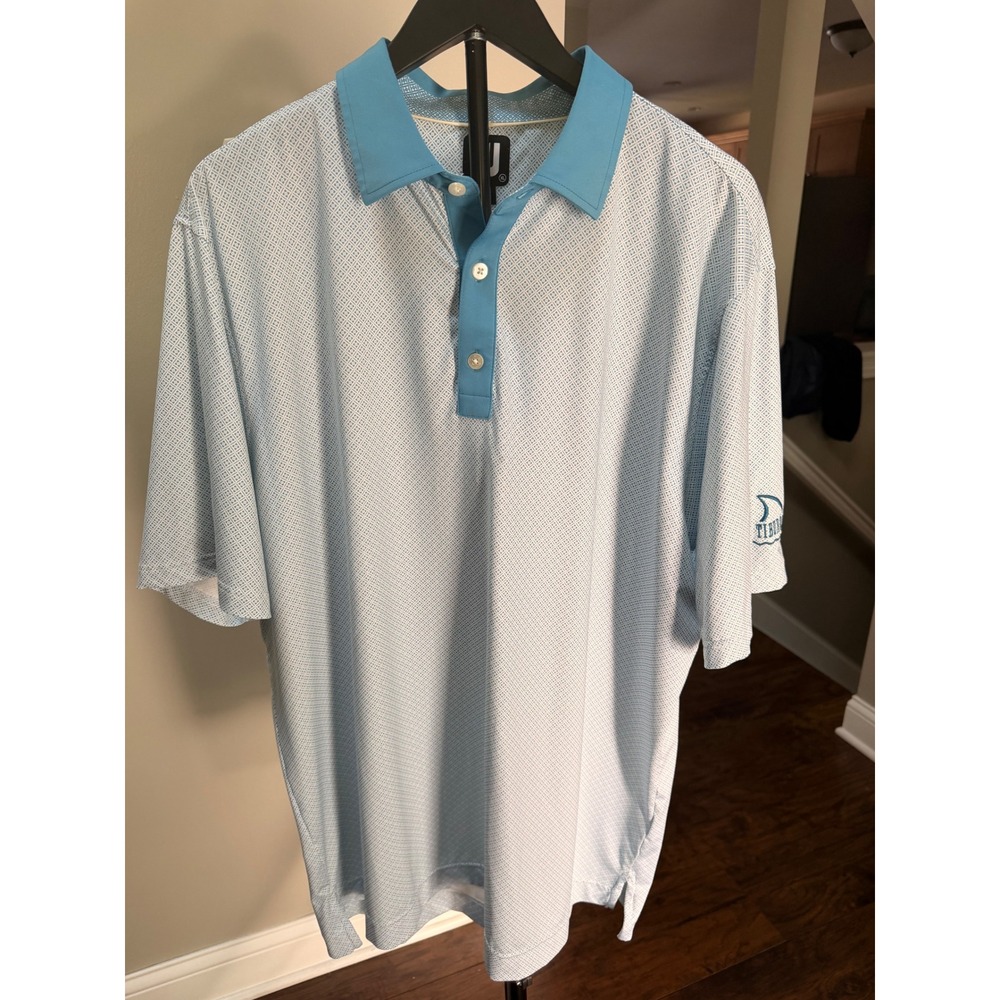FootJoy ProDry Golf Polo‎ Mens XL Blue Geometric Tiburon Naples Shark Logo Shirt